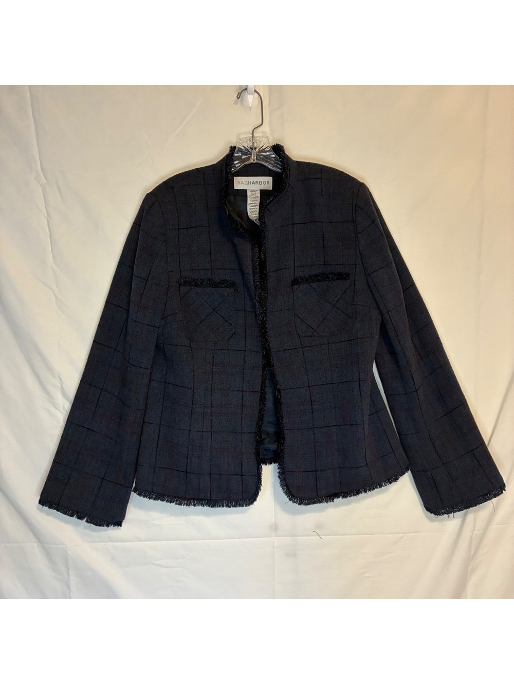 Sag Harbor Navy Blue Tweed Plaid Blazer Jacket Collarless Fray Edge Trim Sz 12